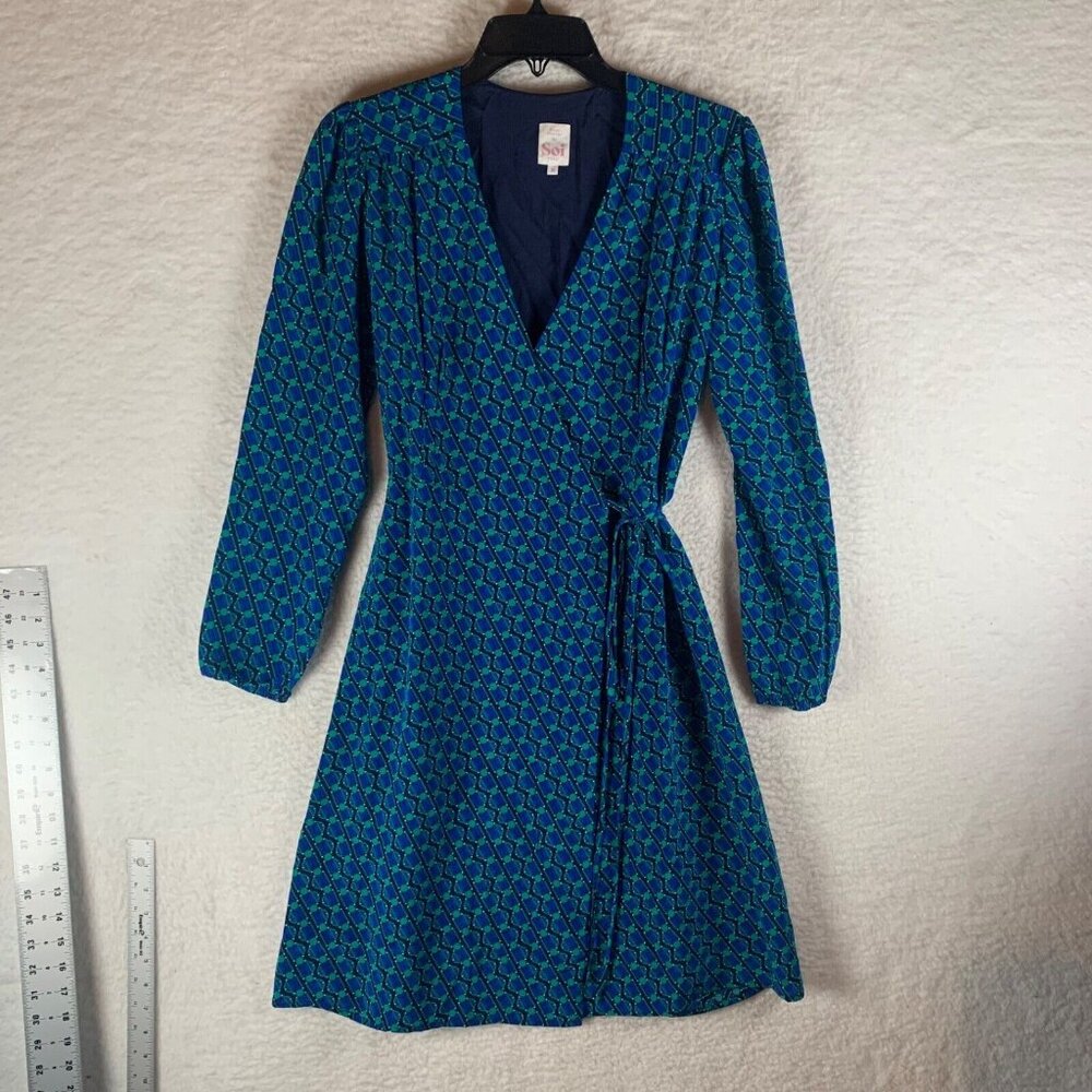 Soi Paris Womens Long Sleeve Geometric Print Green Wrap Midi Dress Silk 36 10066